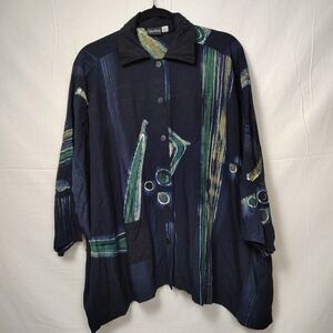 Iguana Womens One Size Artsy Dolman Button-Up Rayon Top Blouse Shark Bite Pocket